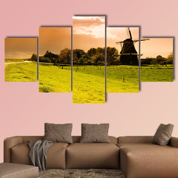 Beautiful sunset windmill landscape in the Netherlands multi panel canvas wall art