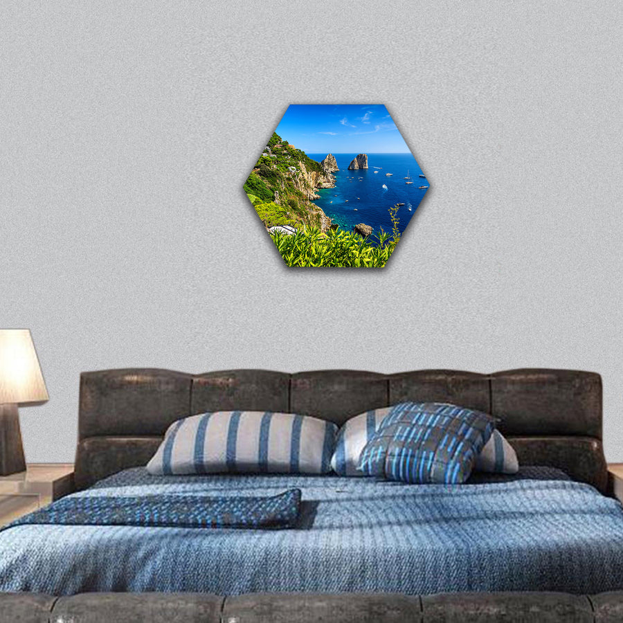 Faraglioni cliffs , stunning Tyrrhenian sea, Capri island, hexagonal canvas wall art