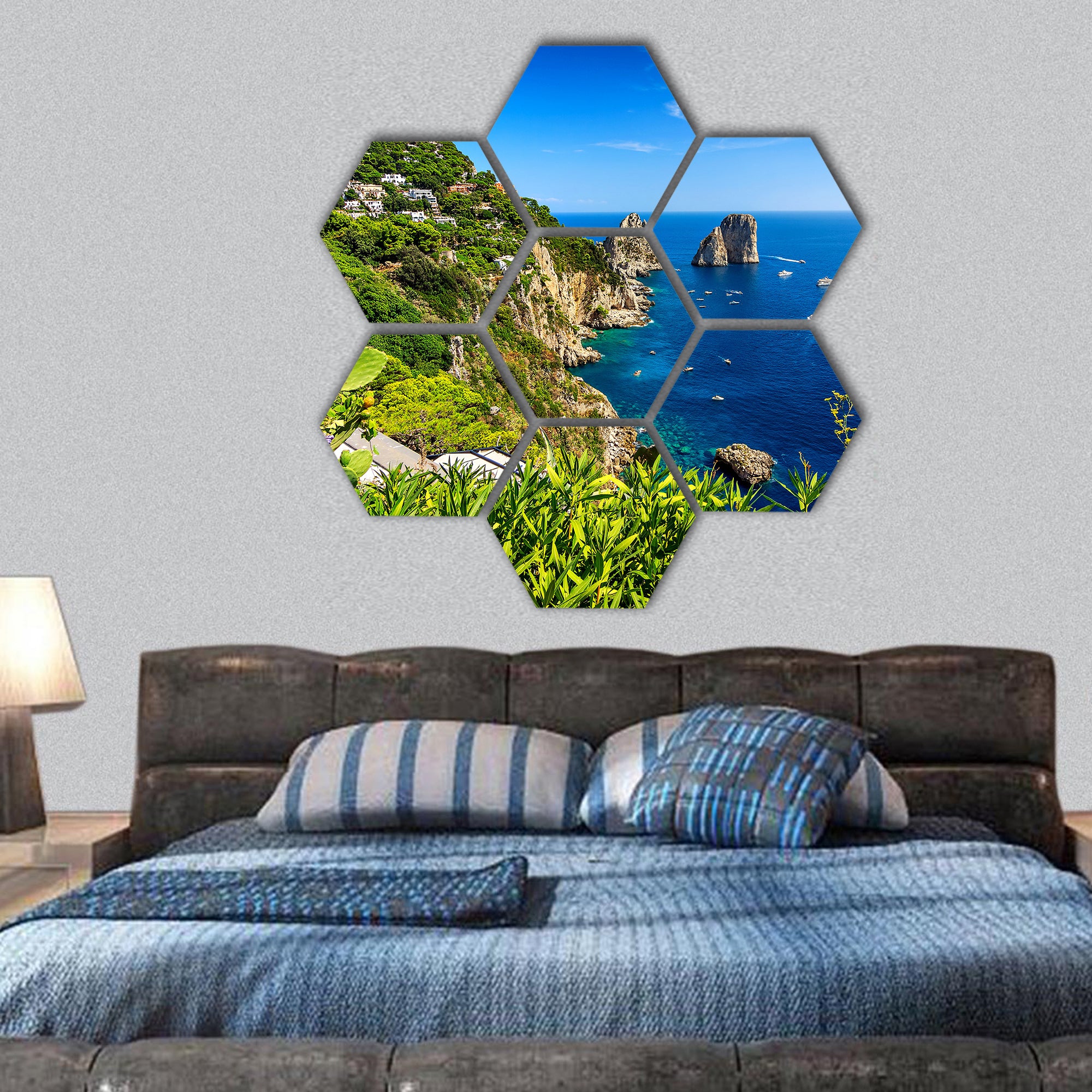 Faraglioni cliffs , stunning Tyrrhenian sea, Capri island, hexagonal canvas wall art