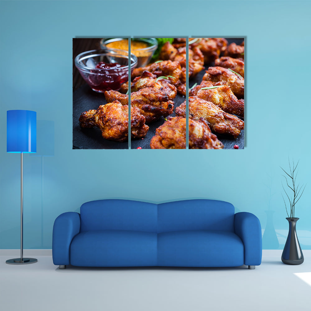 BBQ chicken wings with spices and dips Multi panel canvas wall art