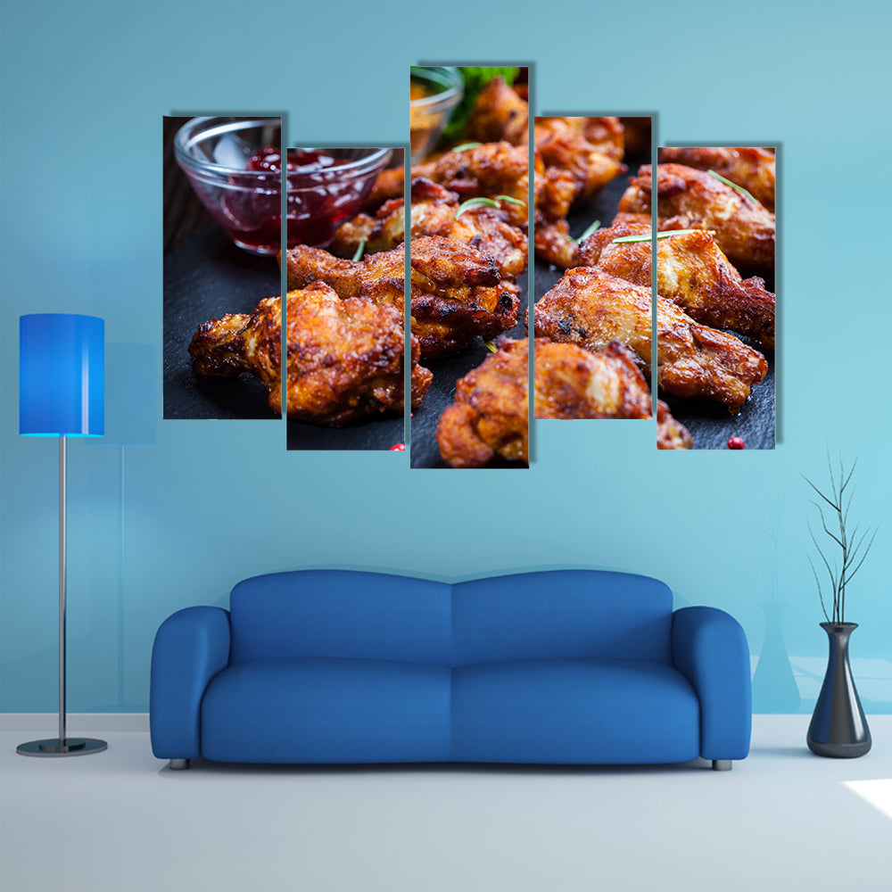 BBQ chicken wings with spices and dips Multi panel canvas wall art