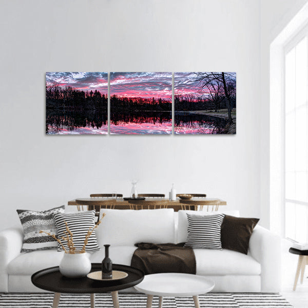 The setting sun paints the sky on small Indian pond panoramic canvas wall art
