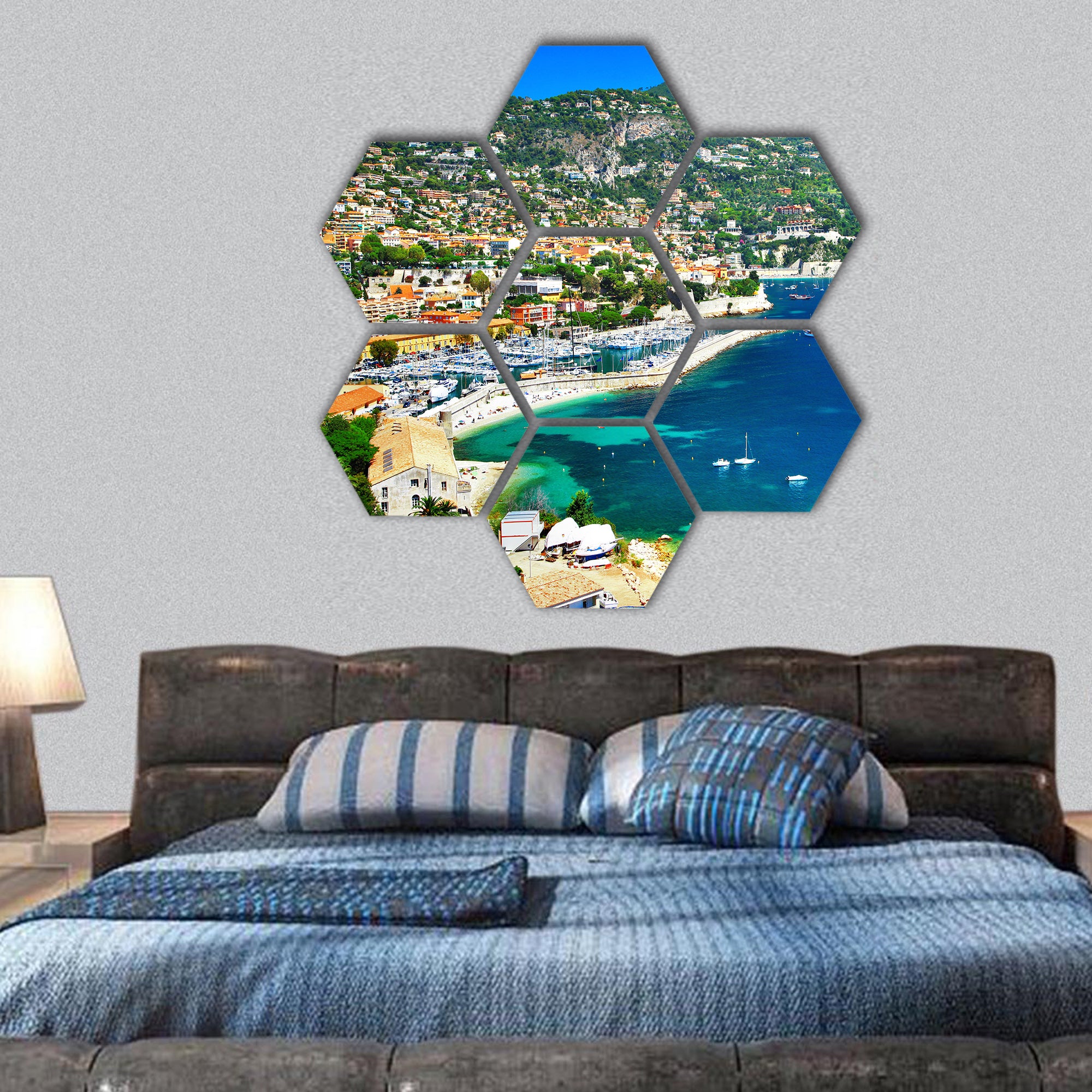 pictorial azure coast of France, view ov Nice hexagonal canvas wall art