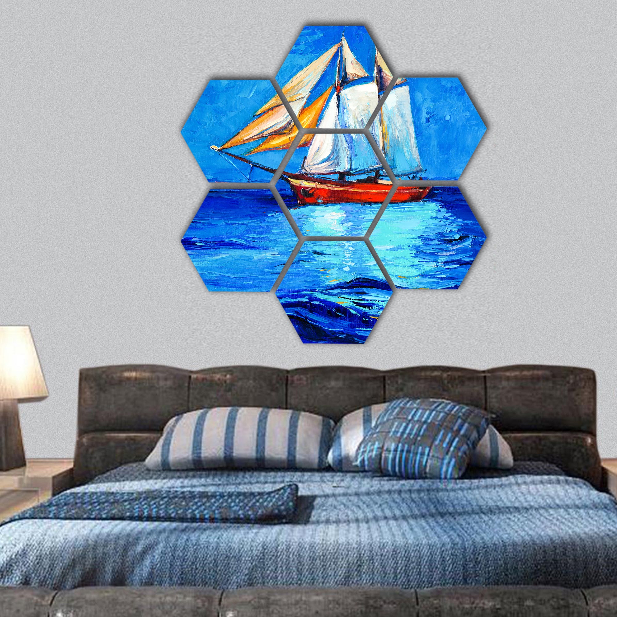 Oil painting of sail ship and sea hexagonal canvas wall art