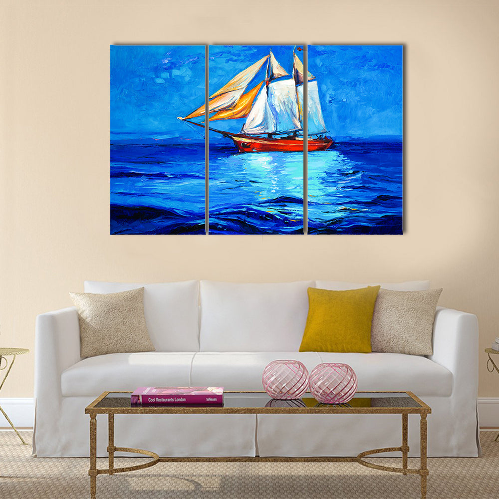 Original oil painting of sail ship and sea on canvas Multi Panel Canvas Wall Art