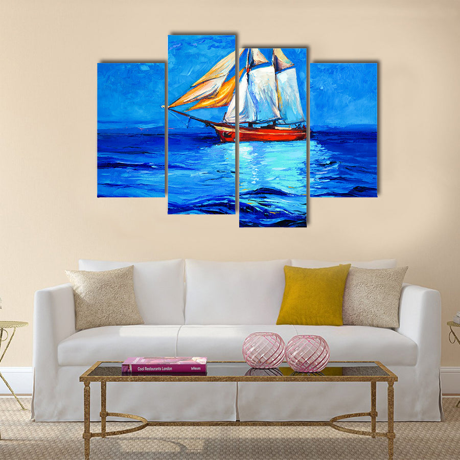 Original oil painting of sail ship and sea on canvas Multi Panel Canvas Wall Art