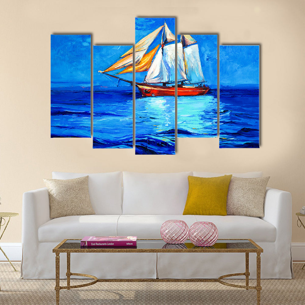 Original oil painting of sail ship and sea on canvas Multi Panel Canvas Wall Art