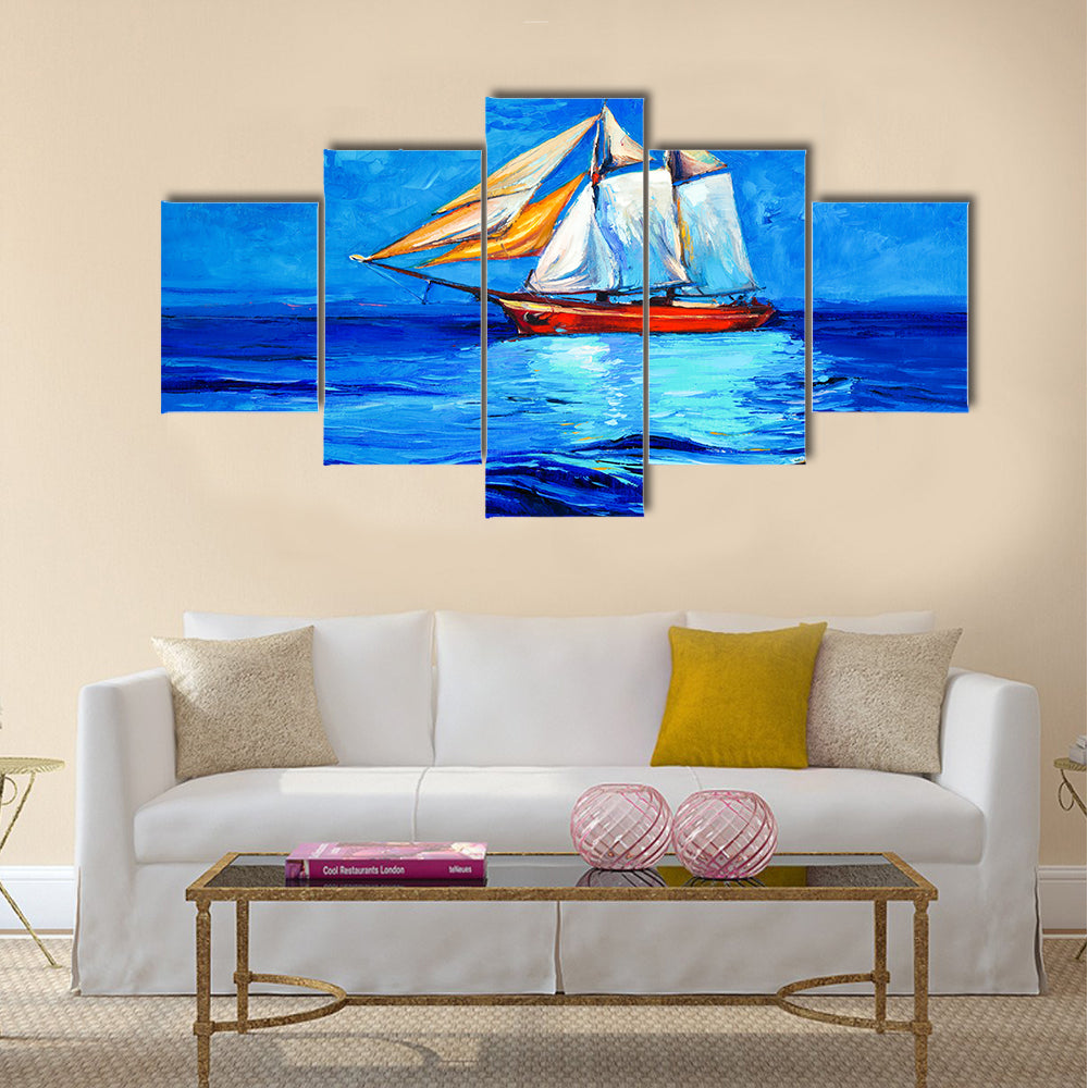Original oil painting of sail ship and sea on canvas Multi Panel Canvas Wall Art