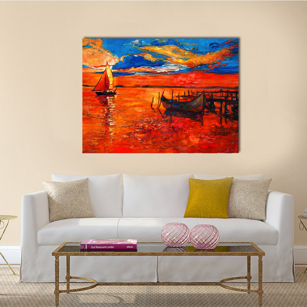The Beauty Of The Fishing Boats And Sea With Rich Golden Sunset Multi Panel Canvas Wall Art