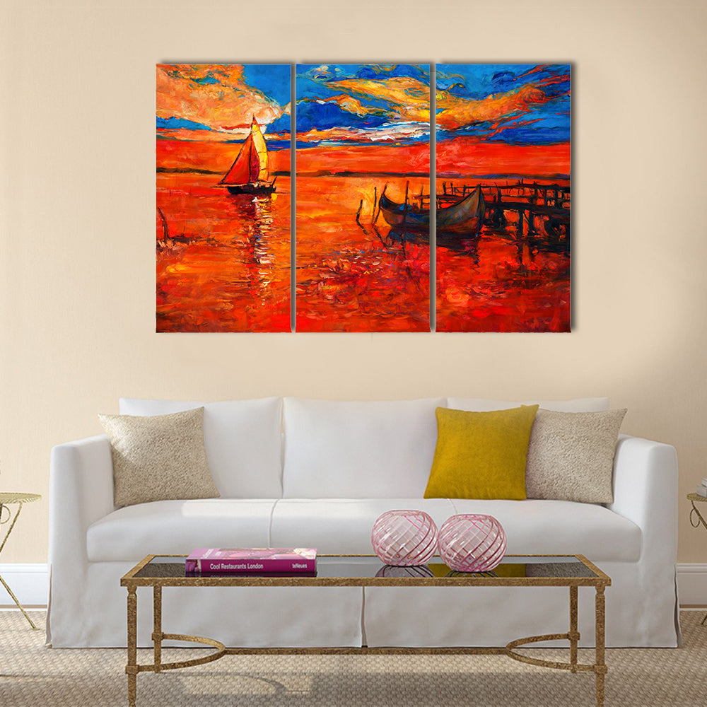 The Beauty Of The Fishing Boats And Sea With Rich Golden Sunset Multi Panel Canvas Wall Art