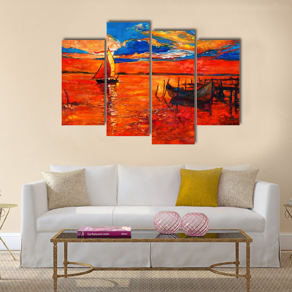 The Beauty Of The Fishing Boats And Sea With Rich Golden Sunset Multi Panel Canvas Wall Art