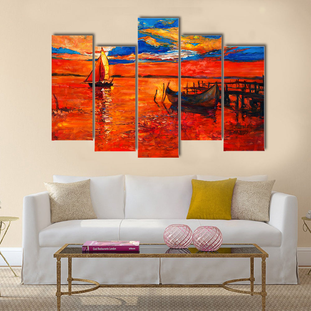 The Beauty Of The Fishing Boats And Sea With Rich Golden Sunset Multi Panel Canvas Wall Art