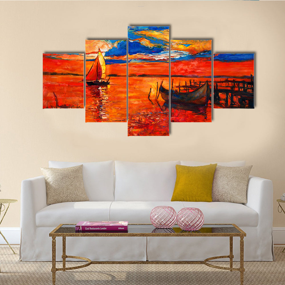 The Beauty Of The Fishing Boats And Sea With Rich Golden Sunset Multi Panel Canvas Wall Art