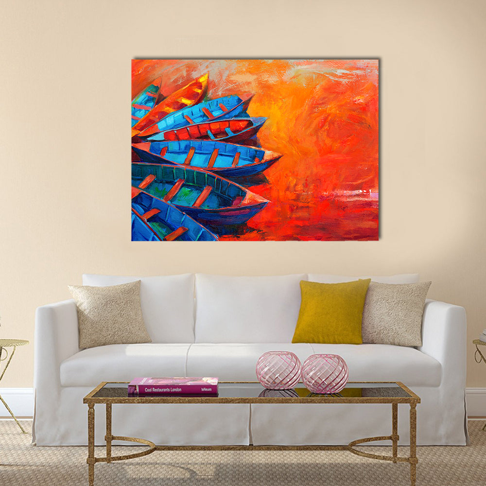 Original oil painting of boats and jetty(pier) on canvas Multi Panel Canvas Wall Art