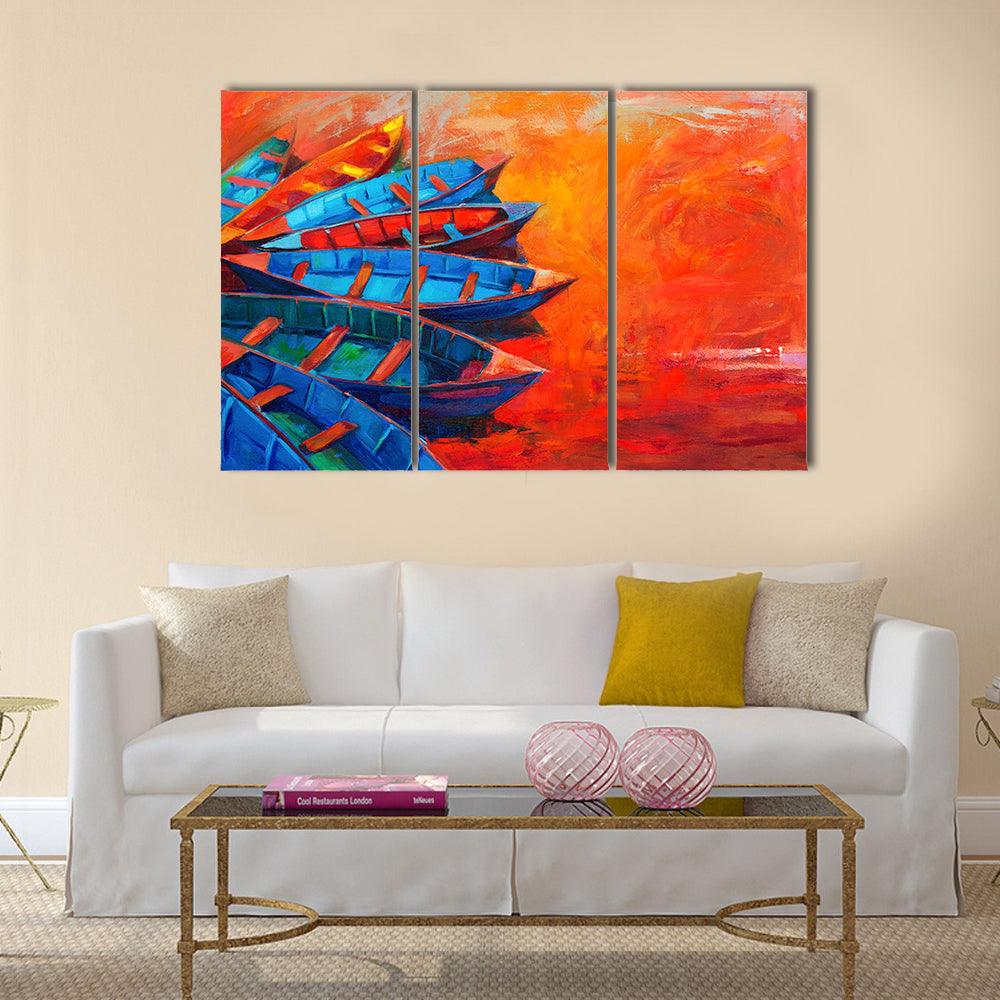 Original oil painting of boats and jetty(pier) on canvas Multi Panel Canvas Wall Art