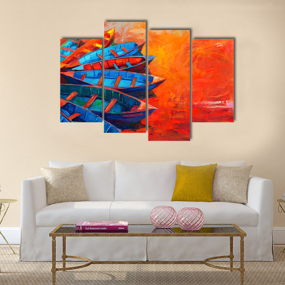 Original oil painting of boats and jetty(pier) on canvas Multi Panel Canvas Wall Art