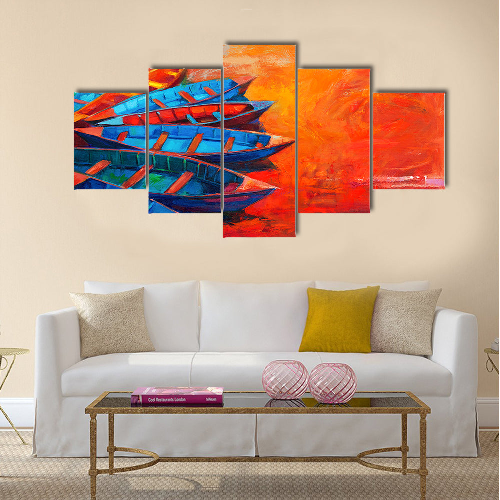 Original oil painting of boats and jetty(pier) on canvas Multi Panel Canvas Wall Art