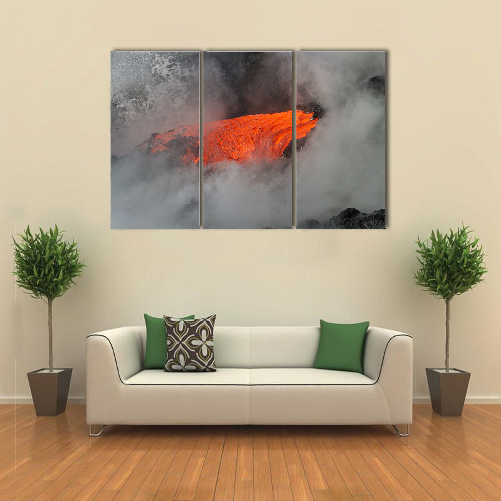 Lava flow enters the sea in Hawaii multi panel canvas wall art
