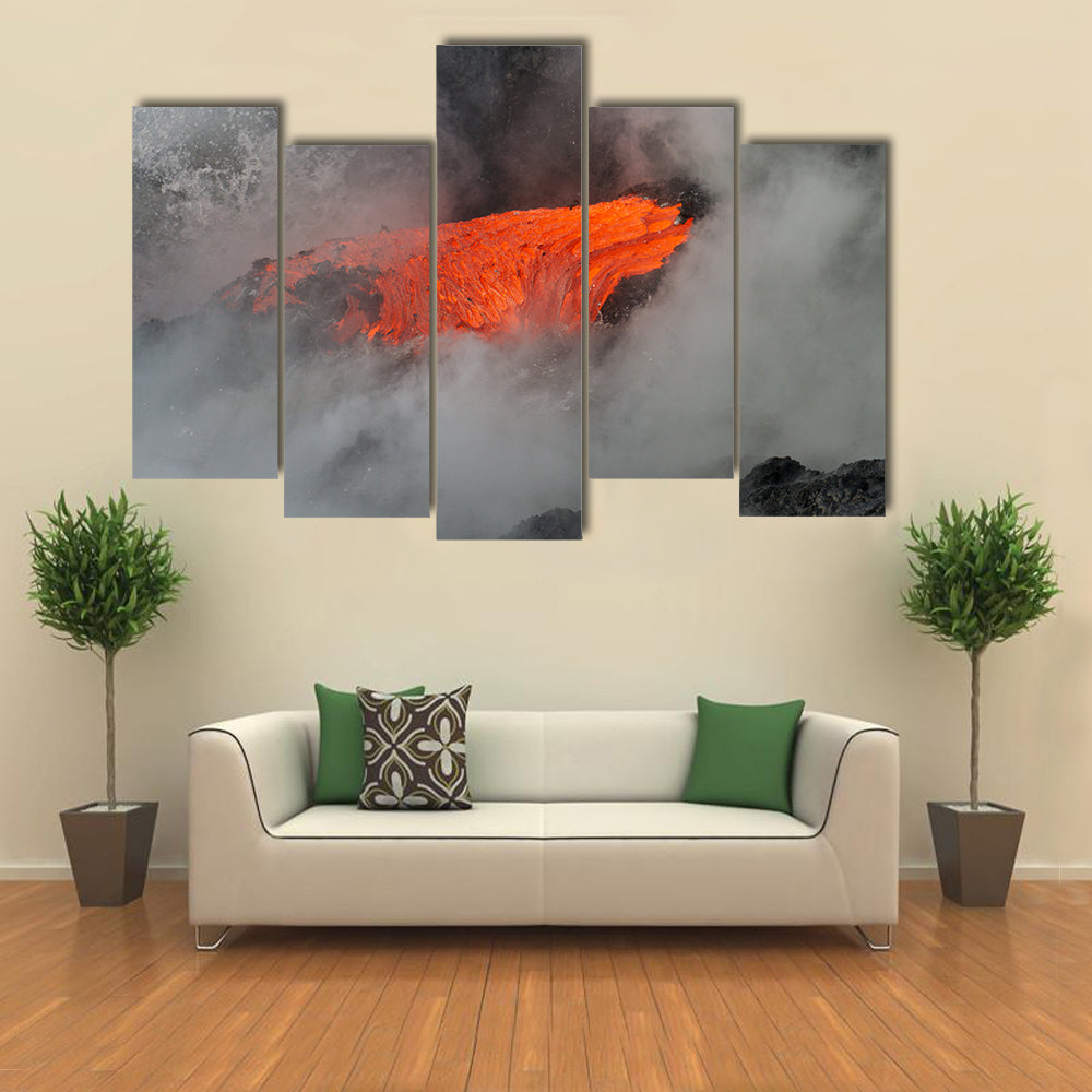 Lava flow enters the sea in Hawaii multi panel canvas wall art