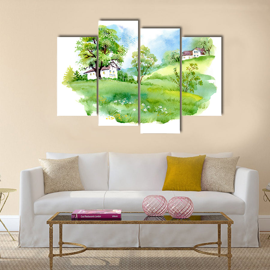 Landscape with houses, watercolor illustration Multi Panel Canvas Wall Art
