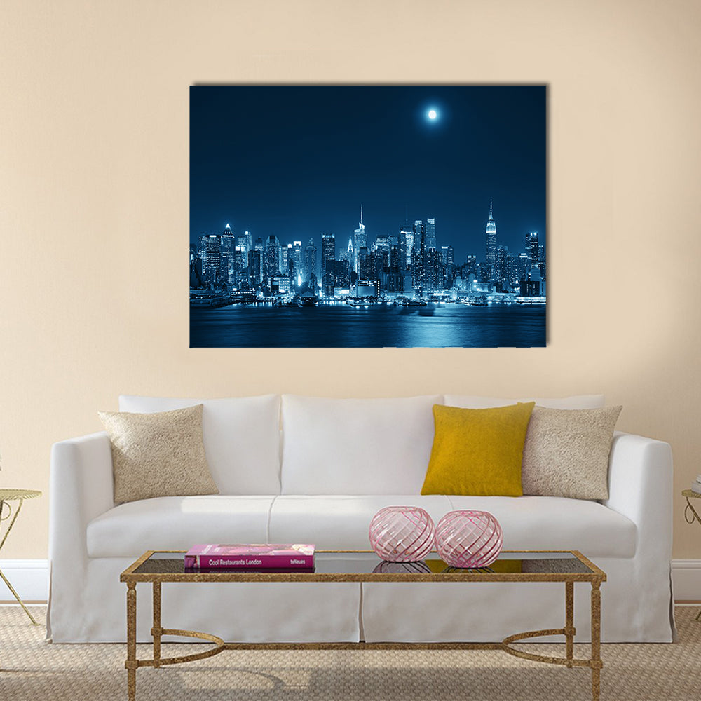 Moon rise over midtown Manhattan with city skyline multi panel canvas wall art