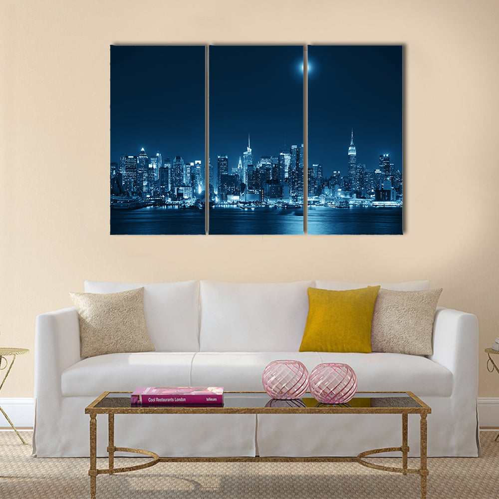 Moon rise over midtown Manhattan with city skyline multi panel canvas wall art