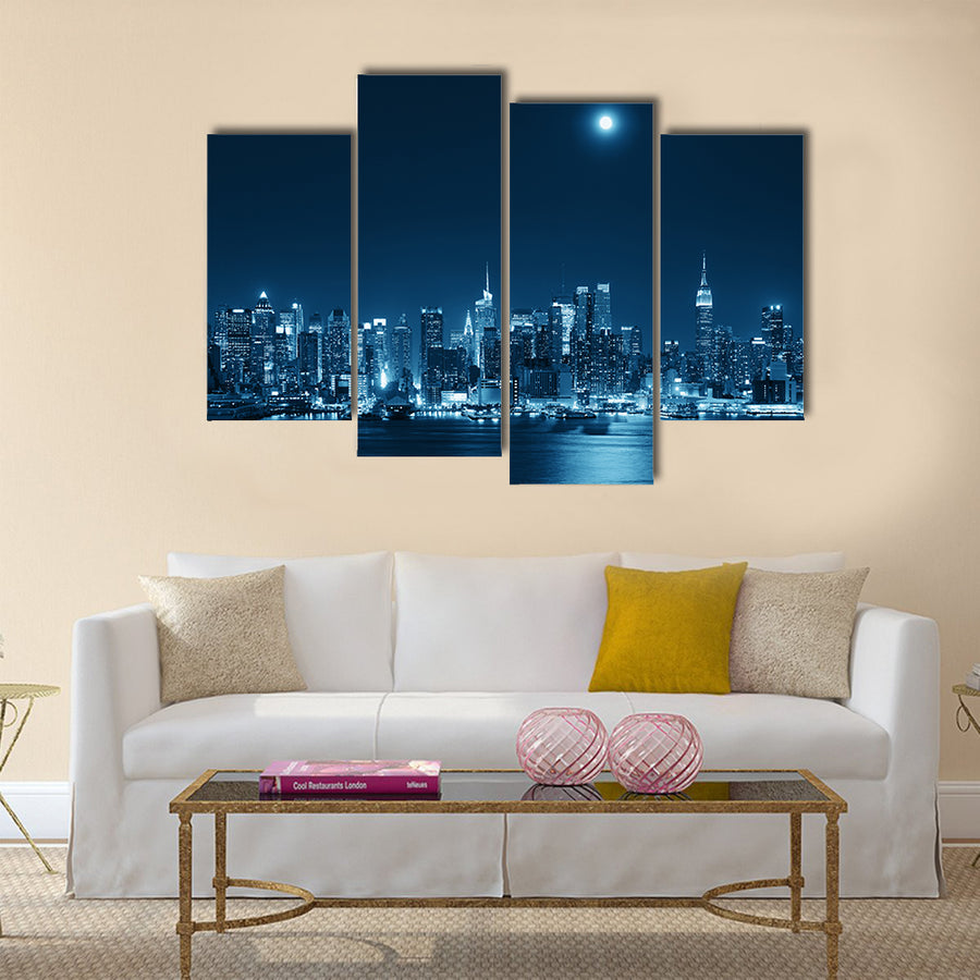 Moon rise over midtown Manhattan with city skyline multi panel canvas wall art
