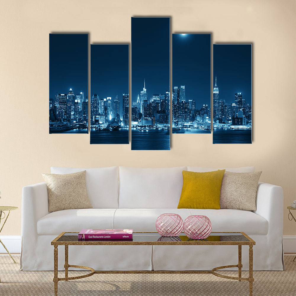 Moon rise over midtown Manhattan with city skyline multi panel canvas wall art