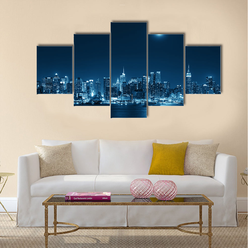 Moon rise over midtown Manhattan with city skyline multi panel canvas wall art