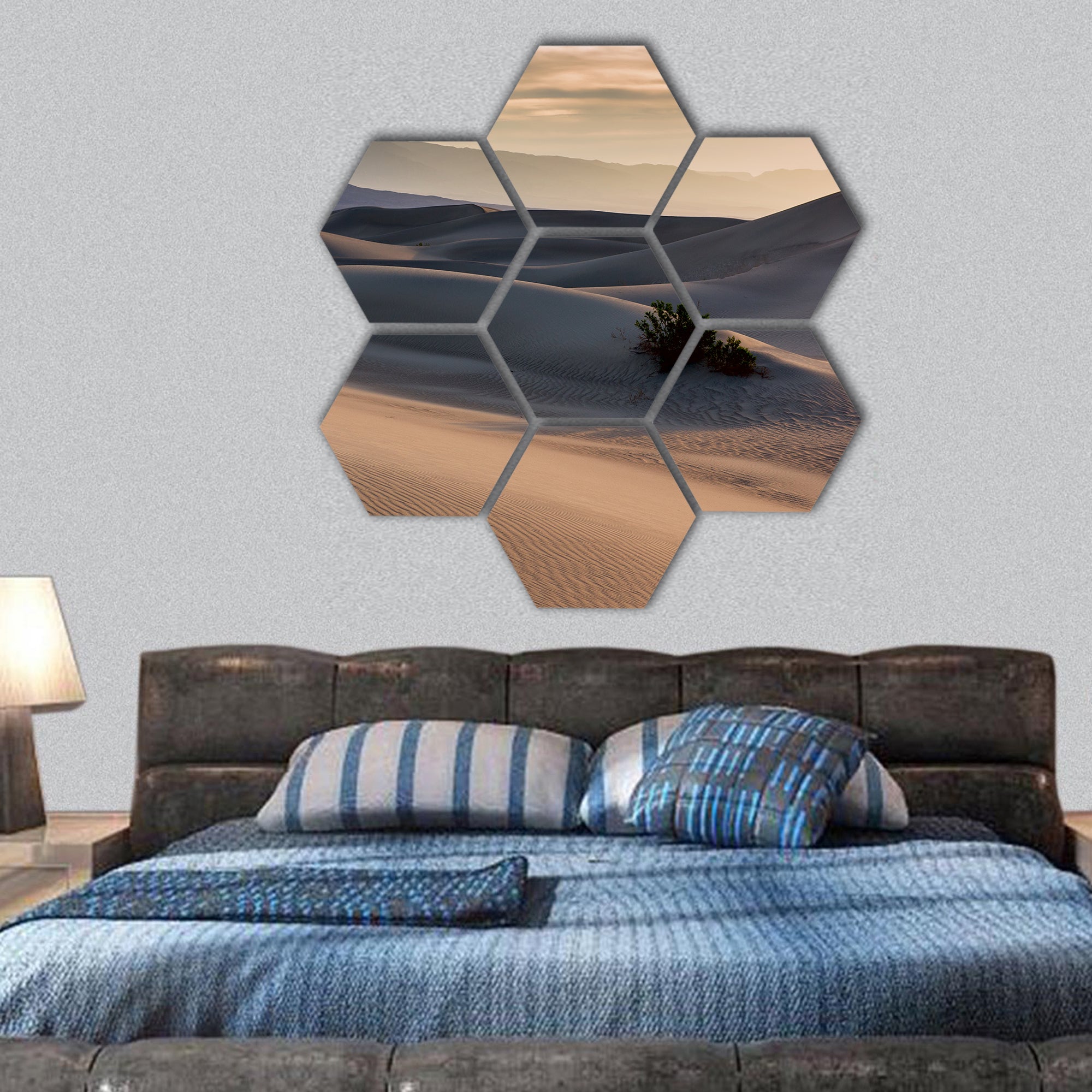 Mesquite flat sand dunes at sunrise. Death Valley NP hexagonal canvas wall art