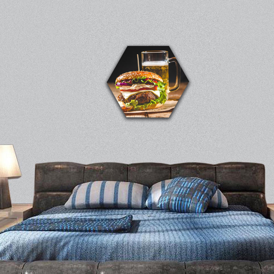 Fresh and juicy hamburger with a beer hexagonal canvas wall art