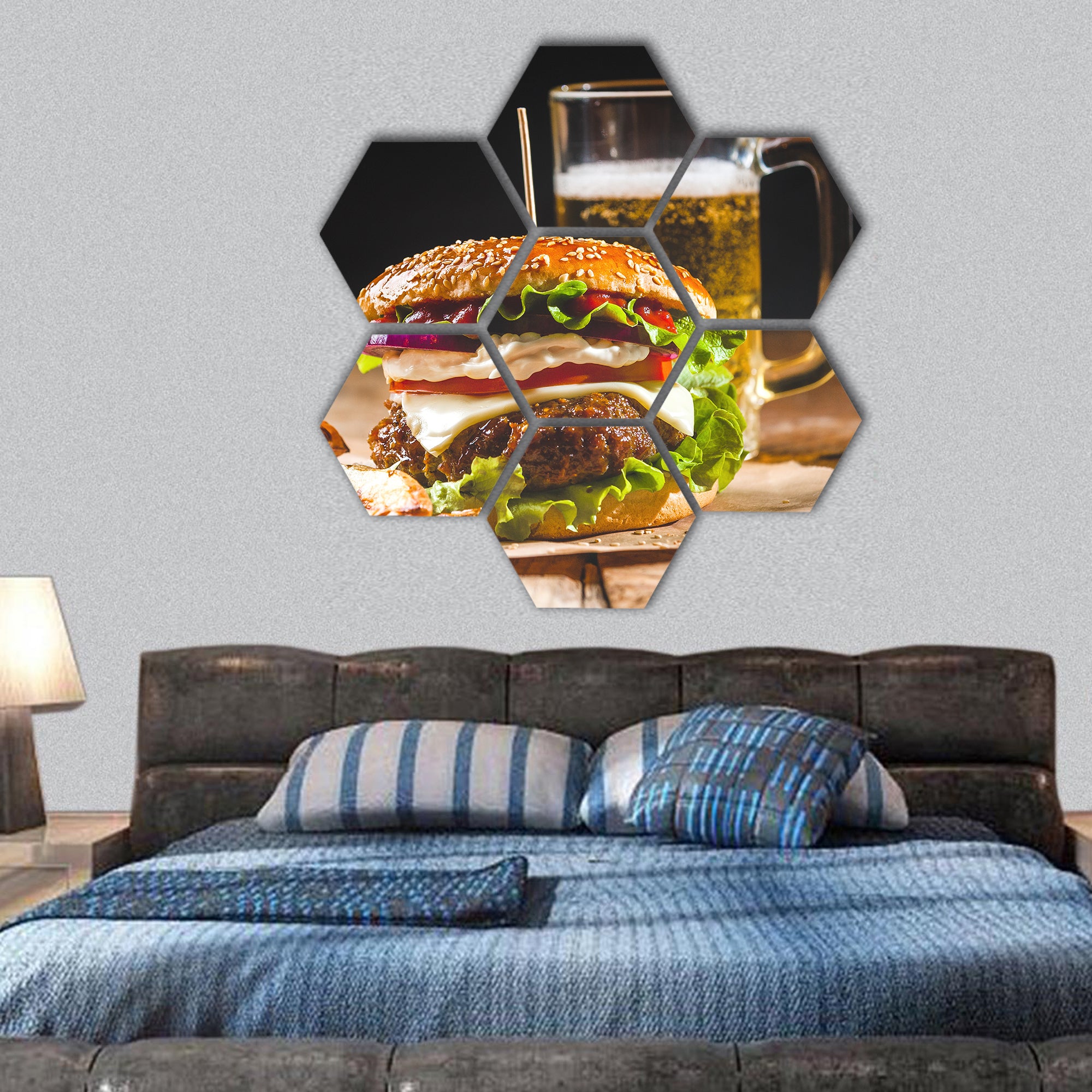 Fresh and juicy hamburger with a beer hexagonal canvas wall art