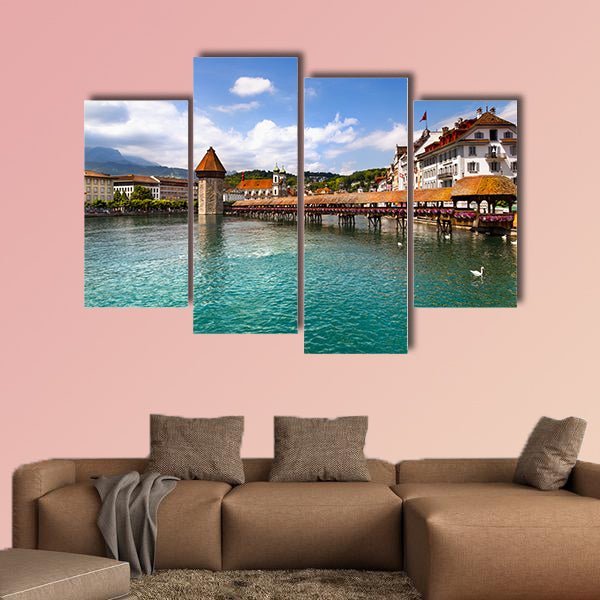 Famous wooden Chapel Bridge in Lucerne, Switzerland multi panel canvas wall art