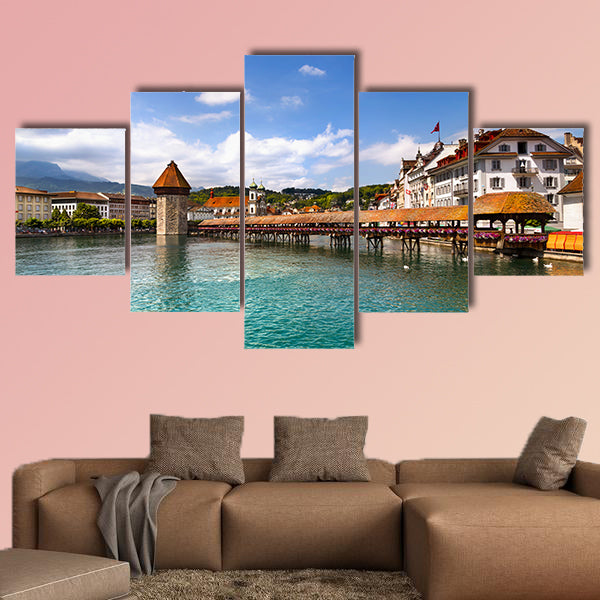 Famous wooden Chapel Bridge in Lucerne, Switzerland multi panel canvas wall art