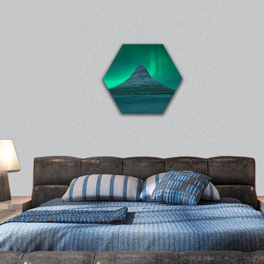 Northern lights at Mount Kirkjufell in Iceland hexagonal canvas wall art