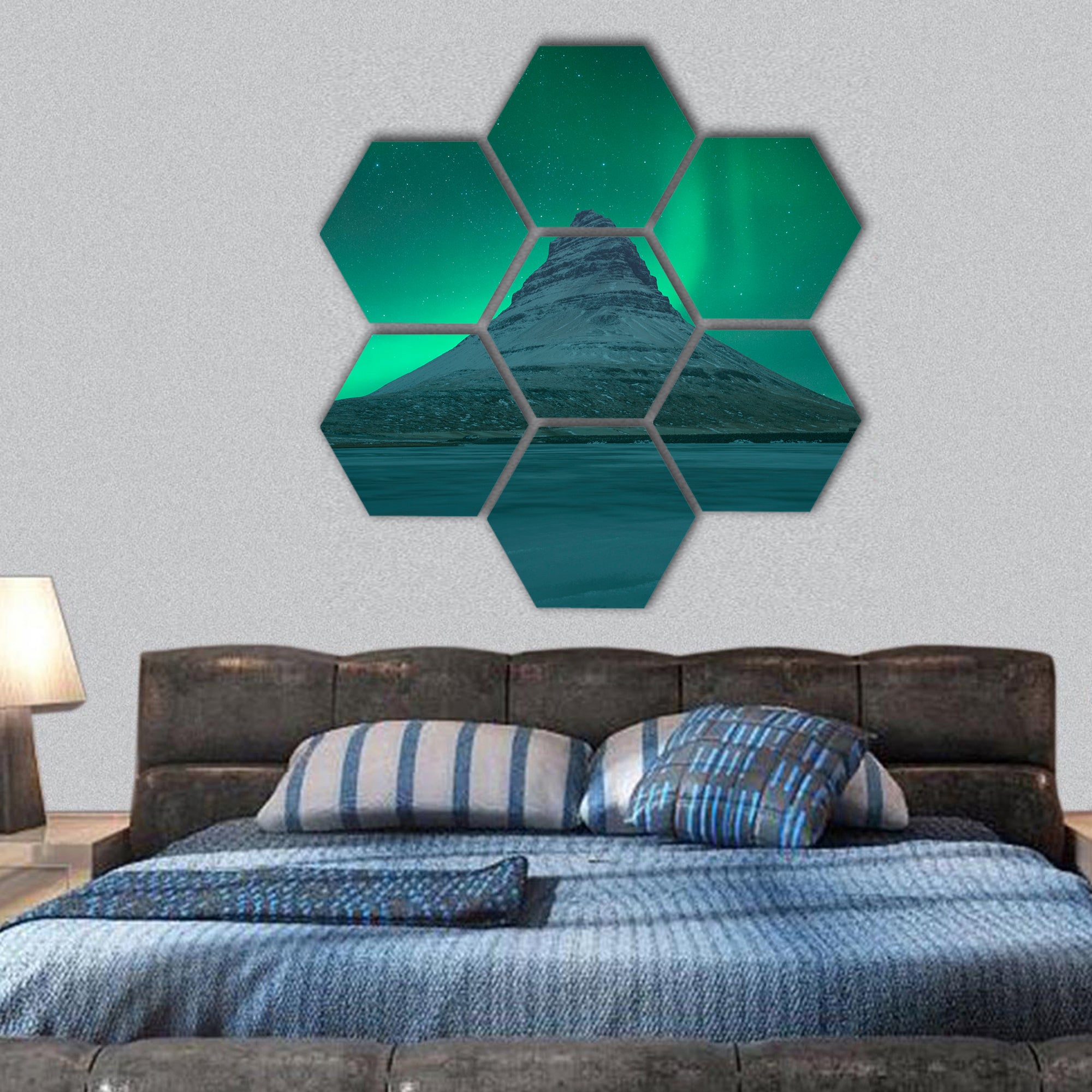 Northern lights at Mount Kirkjufell in Iceland hexagonal canvas wall art