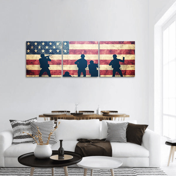 Soldiers in assault on grunge USA flag. American army,  panoramic canvas wall art
