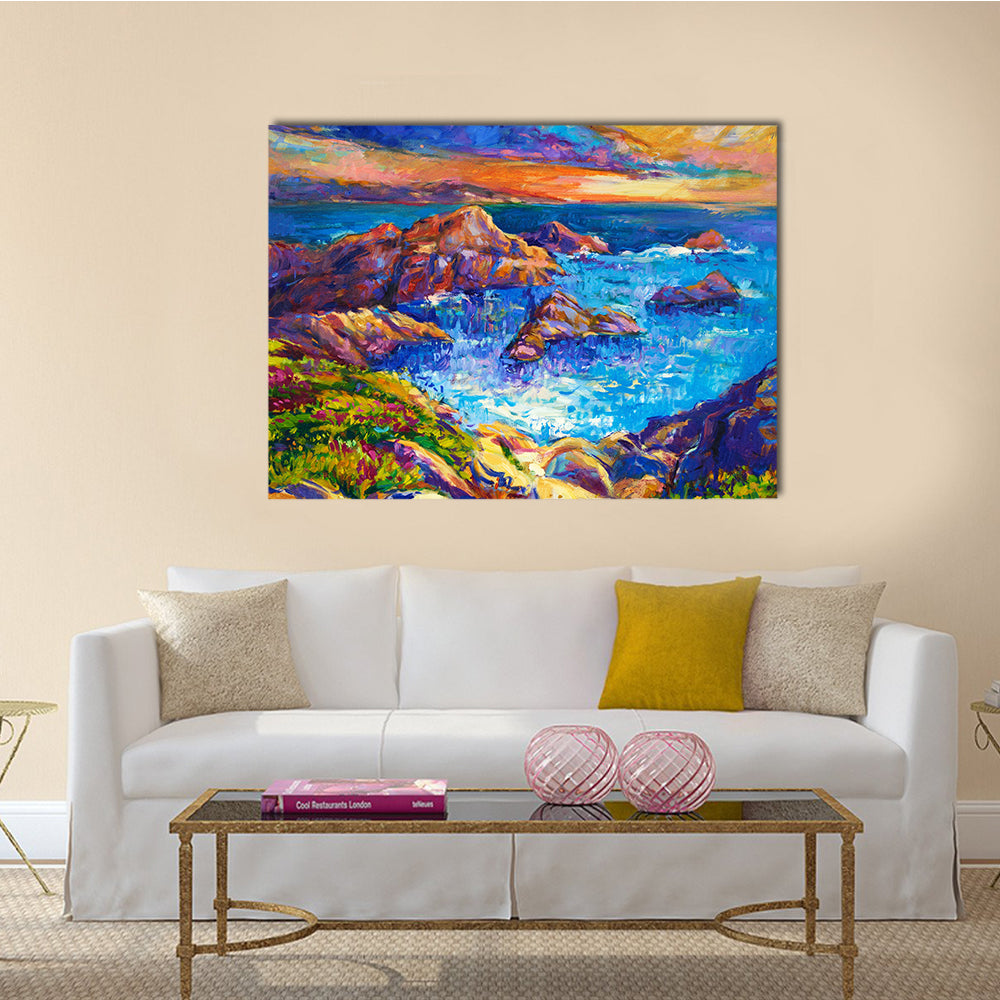 The Oil Painting Of Ocean And Cliffs With Rich Golden Sunset Over Ocean Multi Panel Canvas Wall Art