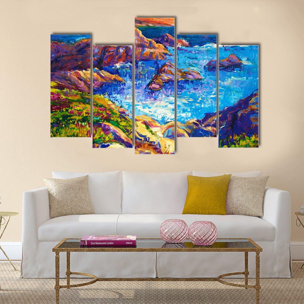The Oil Painting Of Ocean And Cliffs With Rich Golden Sunset Over Ocean Multi Panel Canvas Wall Art