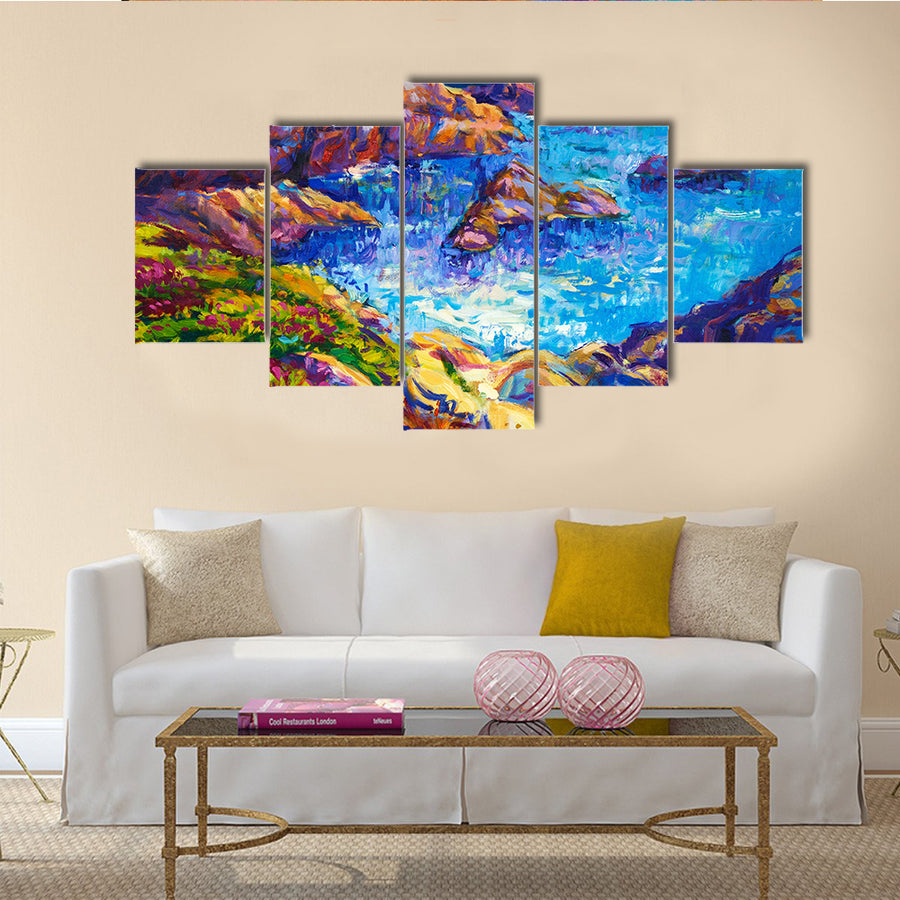 The Oil Painting Of Ocean And Cliffs With Rich Golden Sunset Over Ocean Multi Panel Canvas Wall Art