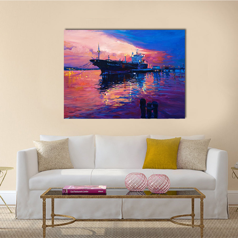 An Oil Painting Of A Cargo Ship And Sea Multi Panel Canvas Wall Art