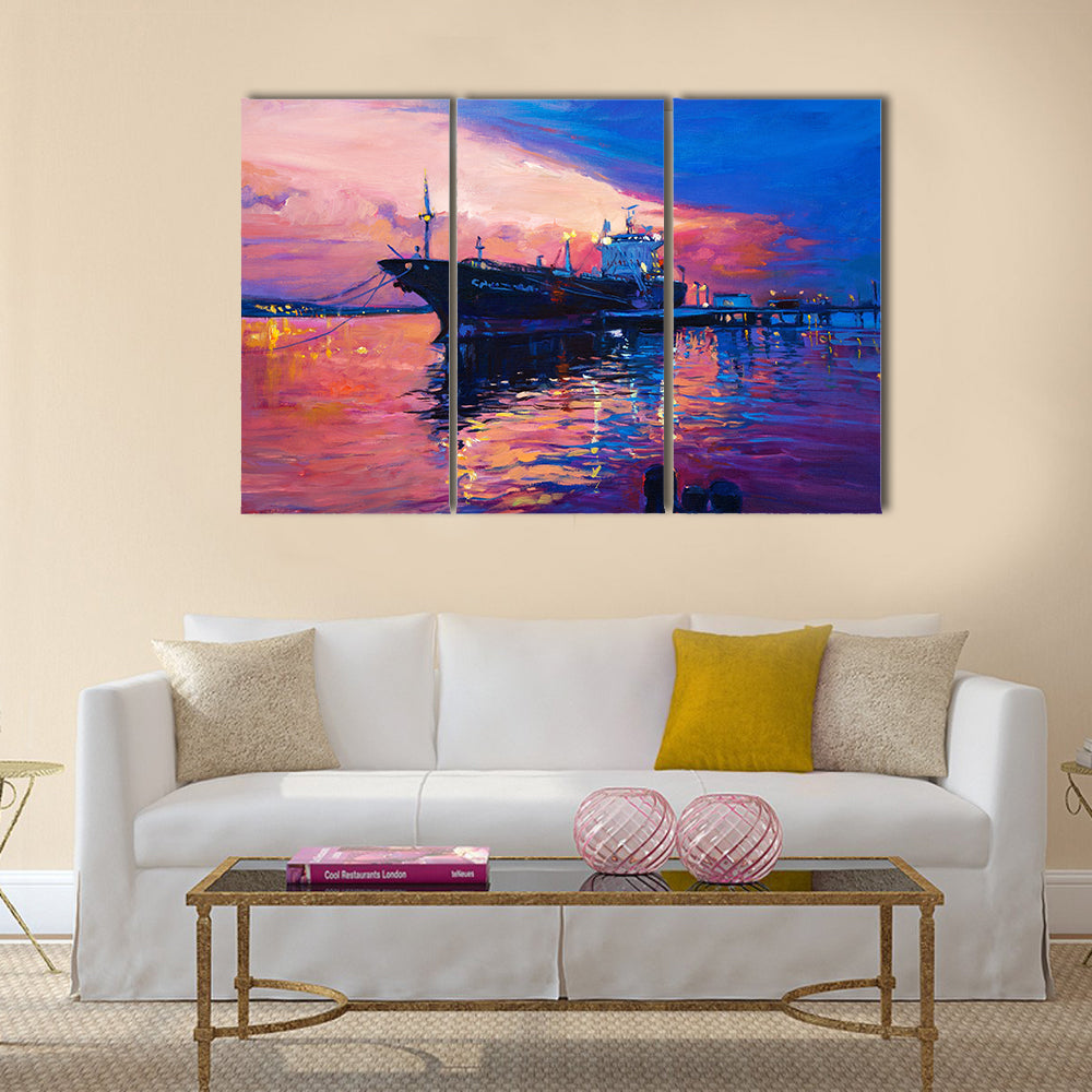 An Oil Painting Of A Cargo Ship And Sea Multi Panel Canvas Wall Art