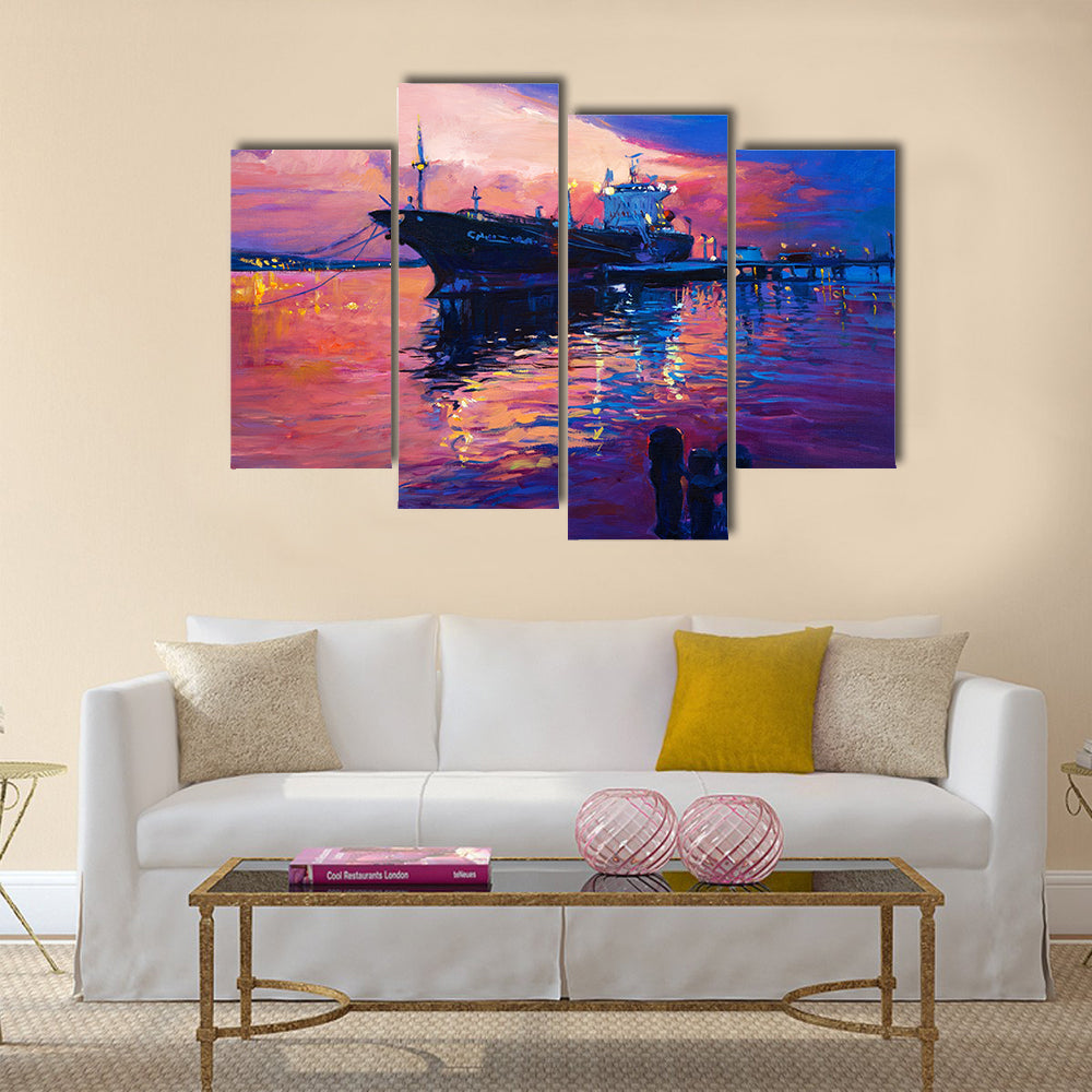 An Oil Painting Of A Cargo Ship And Sea Multi Panel Canvas Wall Art
