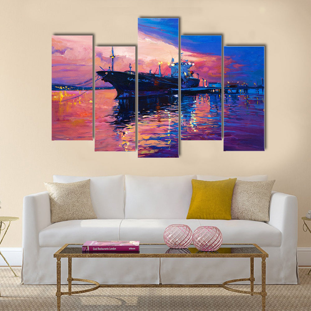 An Oil Painting Of A Cargo Ship And Sea Multi Panel Canvas Wall Art