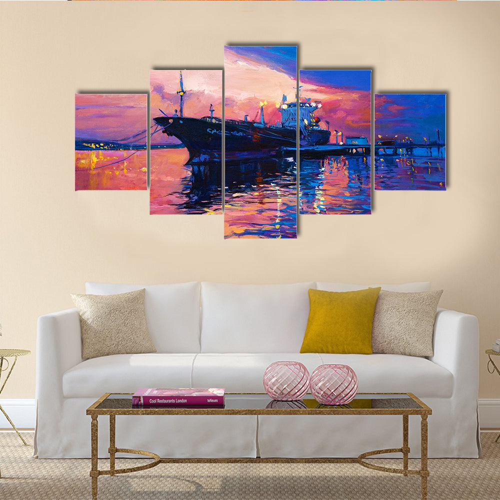 An Oil Painting Of A Cargo Ship And Sea Multi Panel Canvas Wall Art