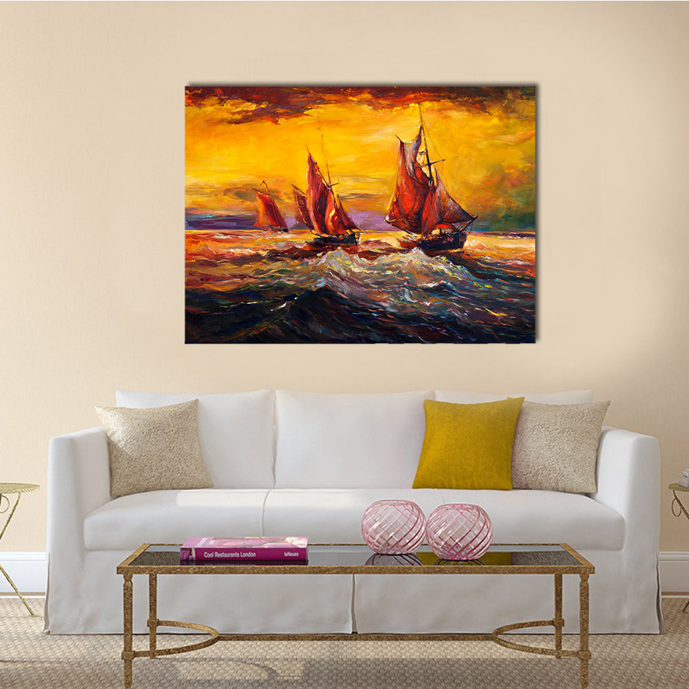 An Oil Painting Of Sail Ship And Sea With Rich Golden Sunset Multi Panel Canvas Wall Art