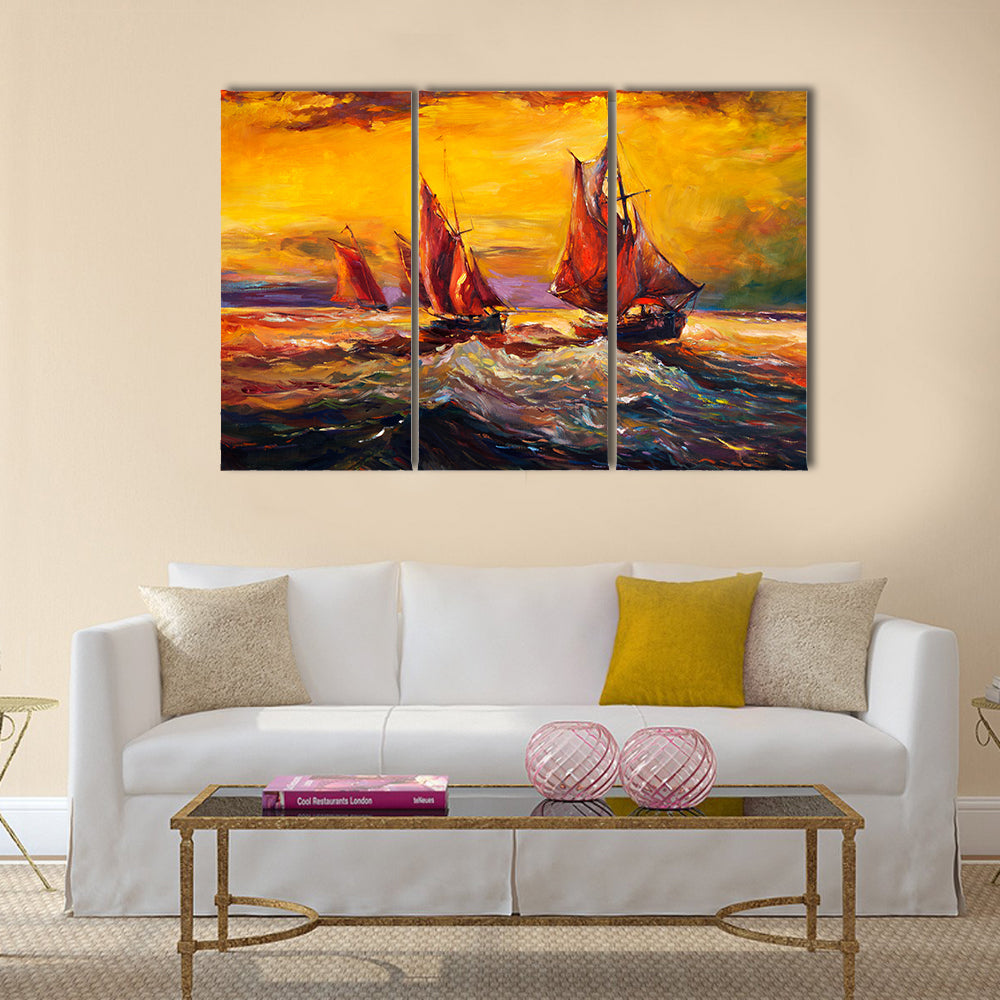 An Oil Painting Of Sail Ship And Sea With Rich Golden Sunset Multi Panel Canvas Wall Art