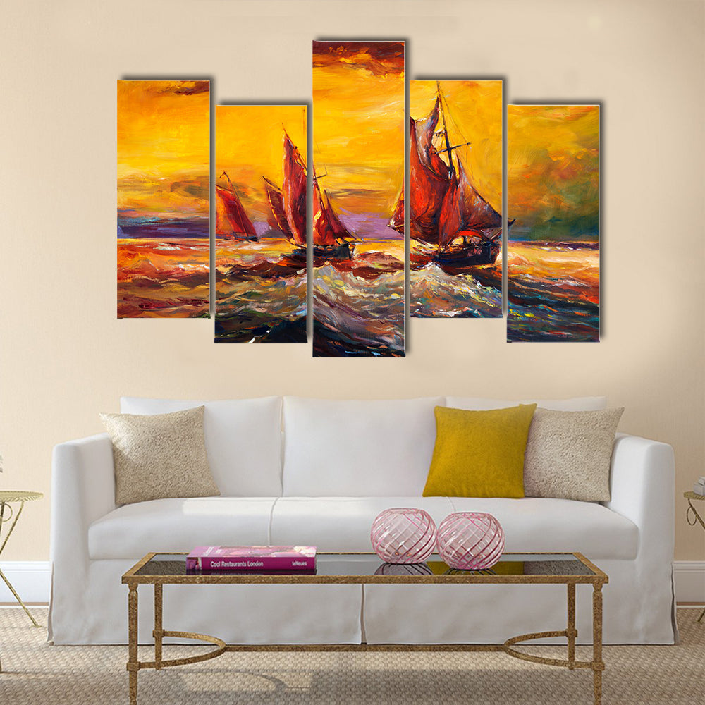 An Oil Painting Of Sail Ship And Sea With Rich Golden Sunset Multi Panel Canvas Wall Art