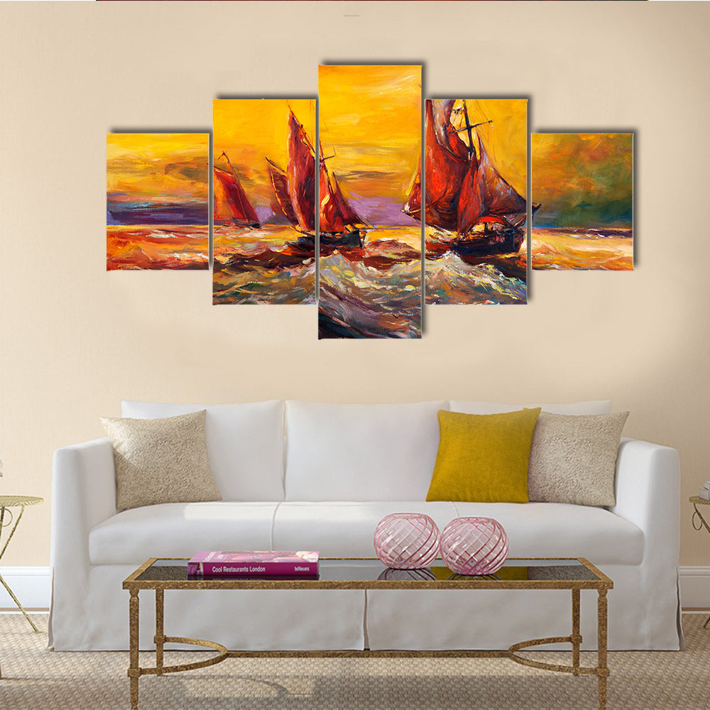 An Oil Painting Of Sail Ship And Sea With Rich Golden Sunset Multi Panel Canvas Wall Art