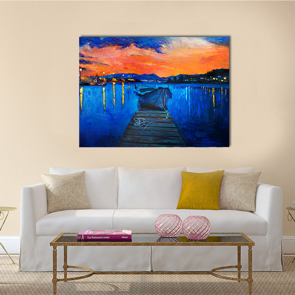 A Painting Of Boat And Jetty With Rich Golden Sunset Multi Panel Canvas Wall Art